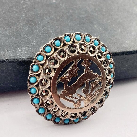 ANTIQUE Coin silver, marcasite, and turquoise glass deer brooch ~ Victorian pin - Picture 5 of 9